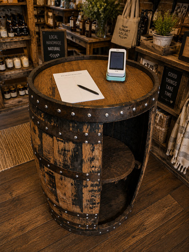 Portable whisky barrel display - whisky,